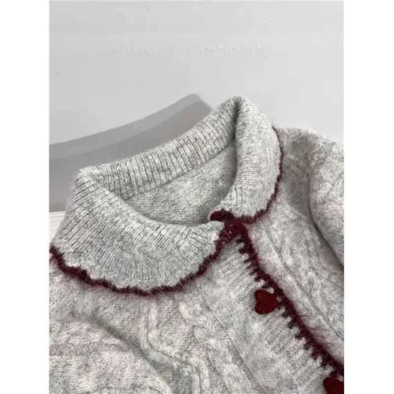 Lapel Love Button Twist Sweater Cardigan for Women Autumn and Winter THiCKened Loose Knitted Sweater M260306