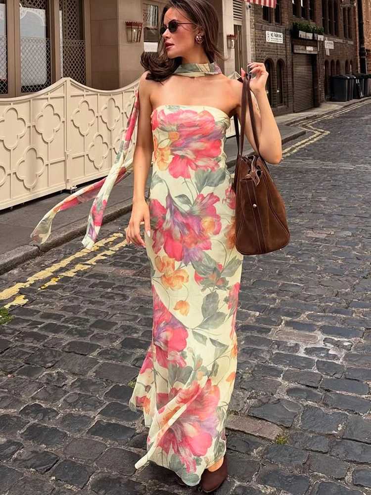 Weird Puss Flower Print 2 Piece Set Women Elastic Strapless DressRibbon Scarf Vacation Party Elegant Fashion Stretch Vestidos X260306