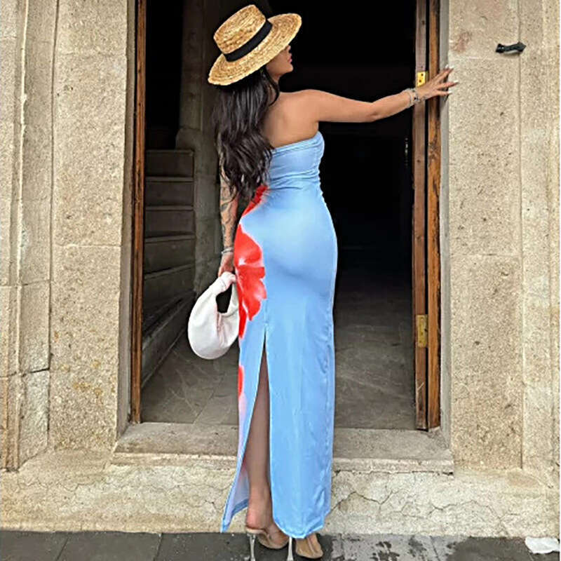 Cross-Border Women's Fashion European and American INS Sexy Style Slim Fit Printed Tube Top Split Bodycon Long Dress Factory Wholesale
