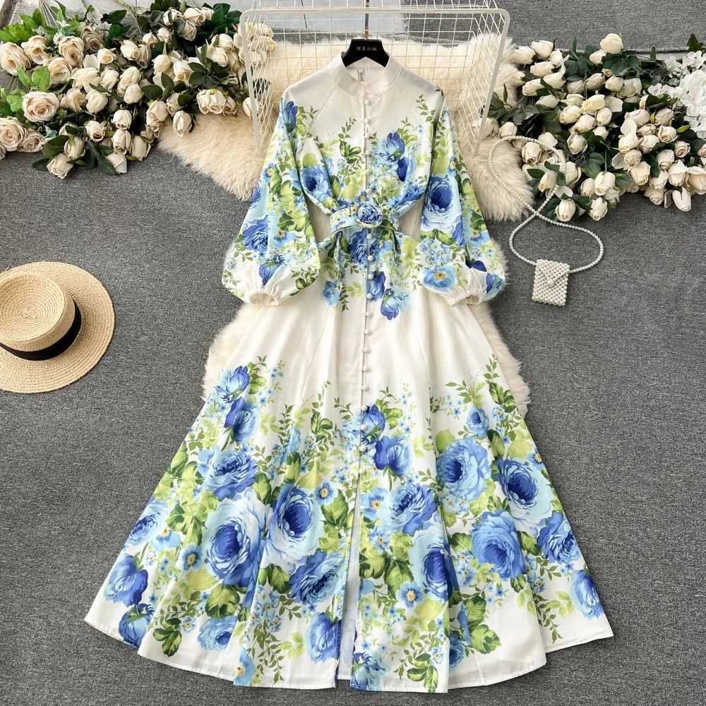 Retro Print korean fashion Elegant Dress A-line puff Sleeve Vacation Party Women summer Spring sweet dresses X260306