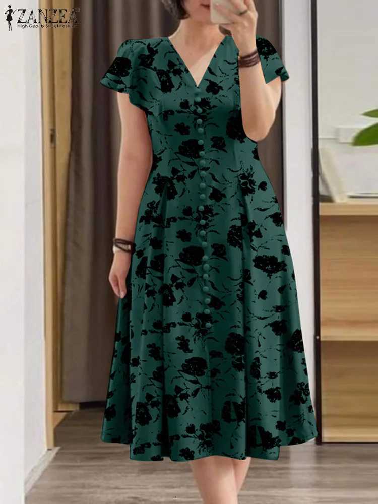 Women Elegant OL Work Floral Mid-calf Sundress ZANZEA Fashion Summer V Neck Short Sleeve Printed Dress Vintage Holiday Vestido X260306
