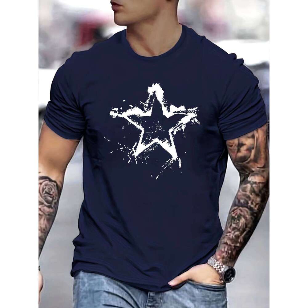 Summer men's cotton casual loose creative pentagram pattern printed comfortable round neck short sleeved T-shirt top 26H0306