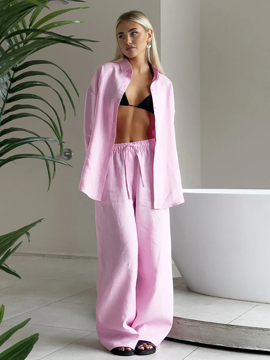 Womens Casual Solid Cotton Linen Pant Sets Chic Laple Single Breasted Long Sleeve Shirt Elasticity Waist Pant Two Piece Set 260305