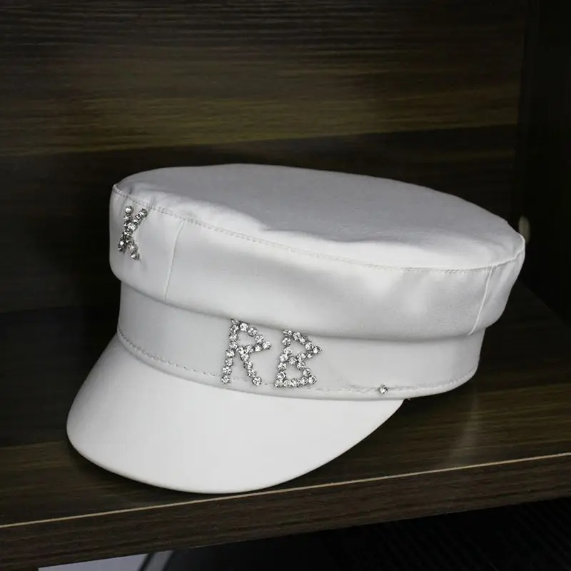 Rhinestone RB Hat sboy Cap Women Fashion Short Brim Duckbill Hat Spring Silk Satin Glossy Flat Top sboy Hat 260303 - view 4
