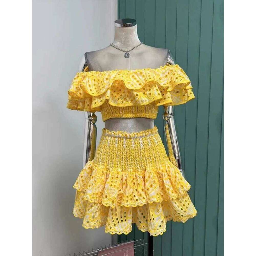 JAMERARY Summer Embroidery 2 Pieces Women Sets Slash Neck Elastic Ruffles Cropped Top + Mini Skirt Suits Hollow Out Outfits Mdng260306