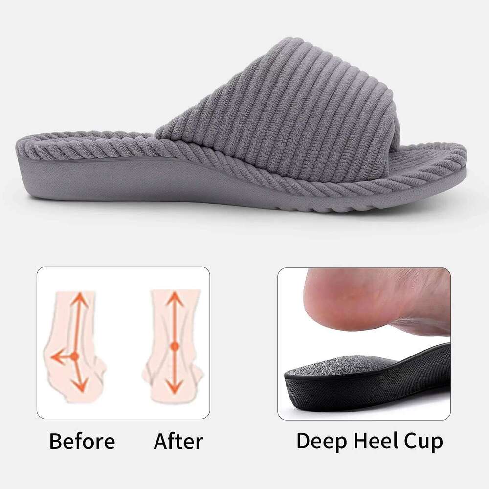 Litfun Open Toe House Slippers For Women New Corduroy Indoor Flat Slides With Adjustable Strap Four Season Lady Orthopedic Shoes