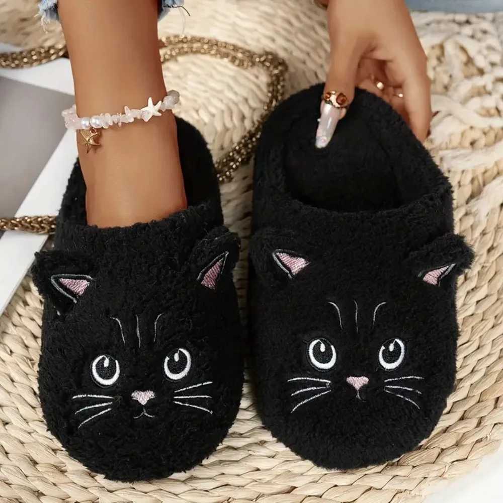 Cat Pattern Print Womens Cotton Slippers Winter Warm Soft Fabric Couple Slippers Comfortable Fluffy Texture Home Slippers S260305