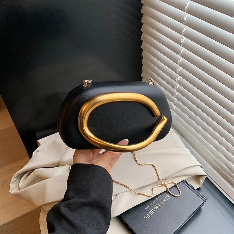 Clutch Bag Metal Handle n Evening Round Box Chain Elegant Woman Shoulder Bags PU Crossbody 260227