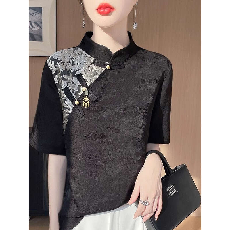 Spring Women Fashion Short Sleeve Shirt Retro Lady Leisure Cardigan Satin Outwear 2025 Femme Stand-up Collar Jacquard T-shirt Embroidery Jacquard Qipa
