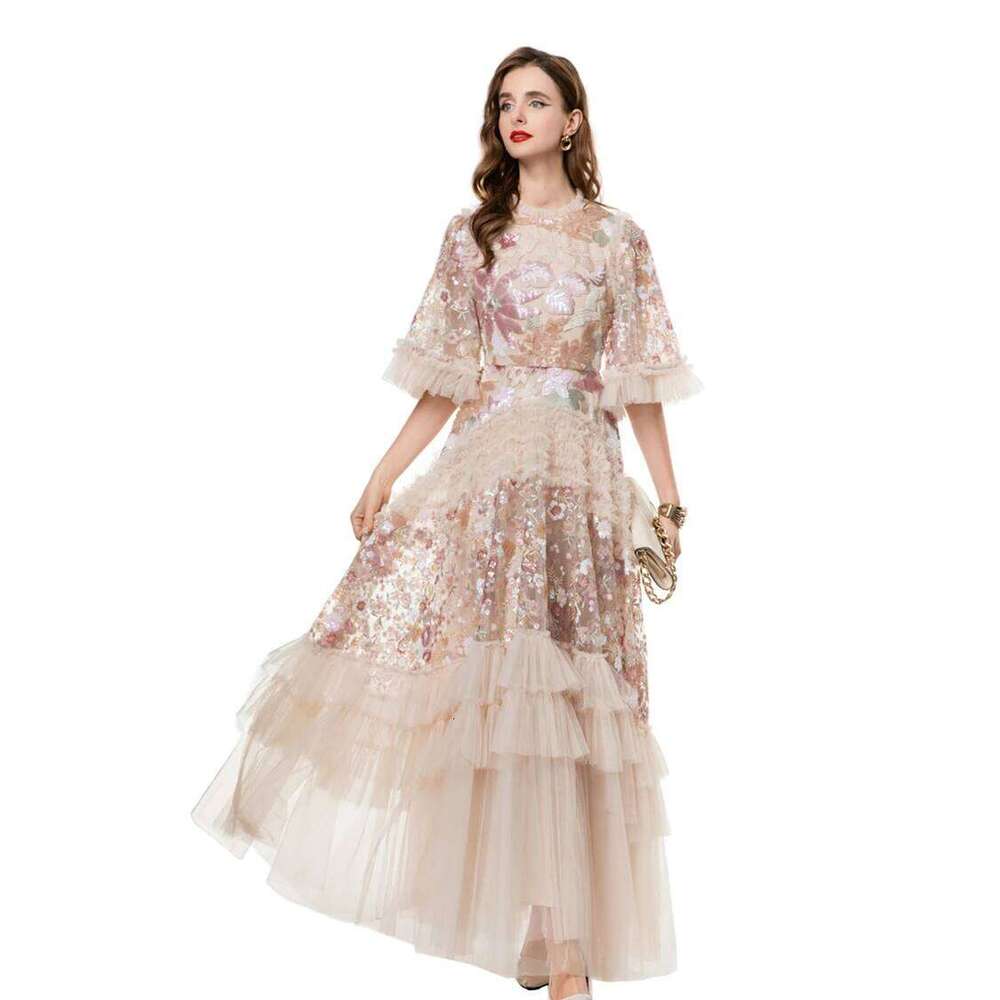 Women's Dress O Neck Short Sleeves Sequined Floral Patchwork Ruffles Elegant Designer Party Prom Gown Maxi Vestidos