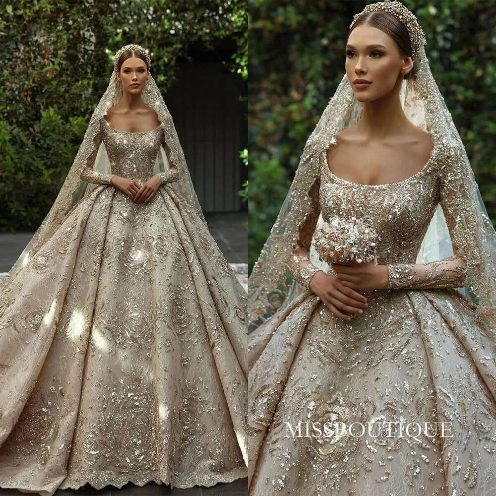 Gorgeous Women Wedding Scoop Neck Long Sleeves Bridal Gowns Sequins Appliques Court Train Dress Custom Made Vestidos De Novia D0306