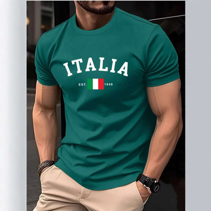 2025 New European and American Export Casual Versatile Fashionable Men's Italian Print Short Sleeve T-Shirt
