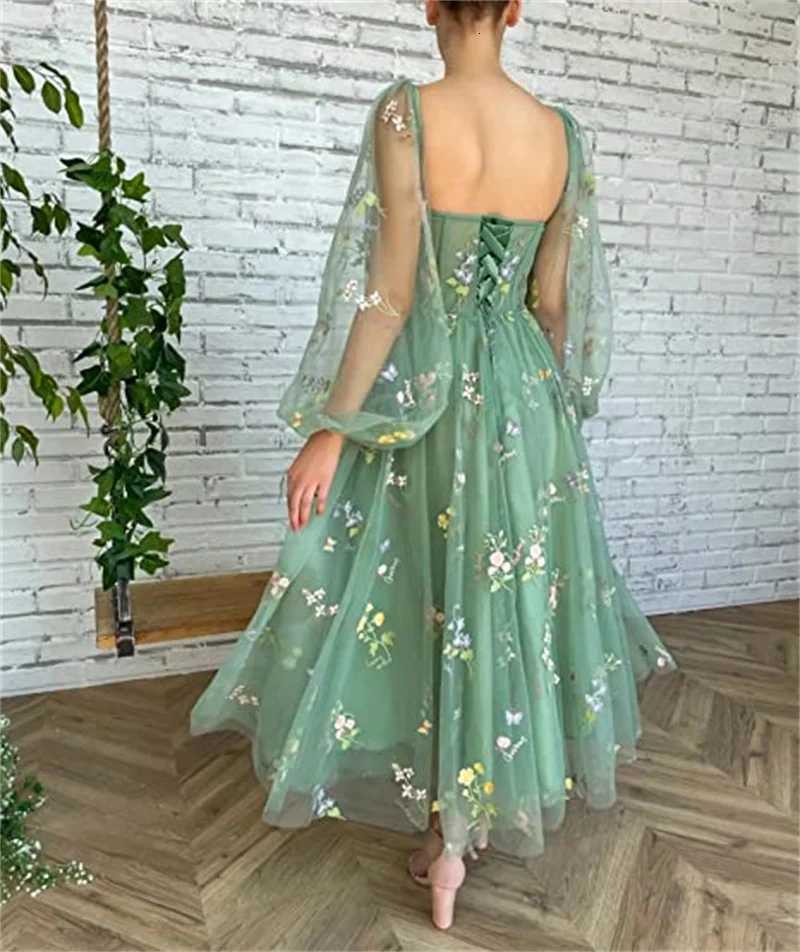 Fairy Princess Flower Tulle Women Maxi Dress Sexy Boat Neck Long Puff Sleeve Evening Prom Dresses for Girl Vestidos X260306