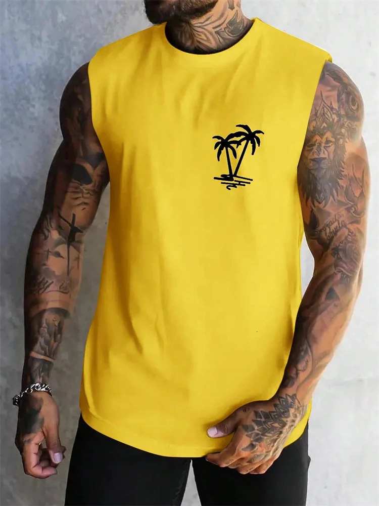 Summer Casual Style Mens Vest Coconut Tree Solid Color Sleeveless Fitness Top Mens Fashion Outdoor Fitness Vest Clothing 260306