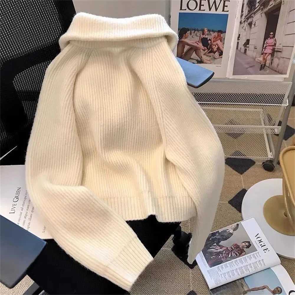 Double Zipper Vintage Flip Collar Women Harajuku Autumn Winter Knitted Cardigan Sweater Jacket Student Korean Version Ladies Top M260306