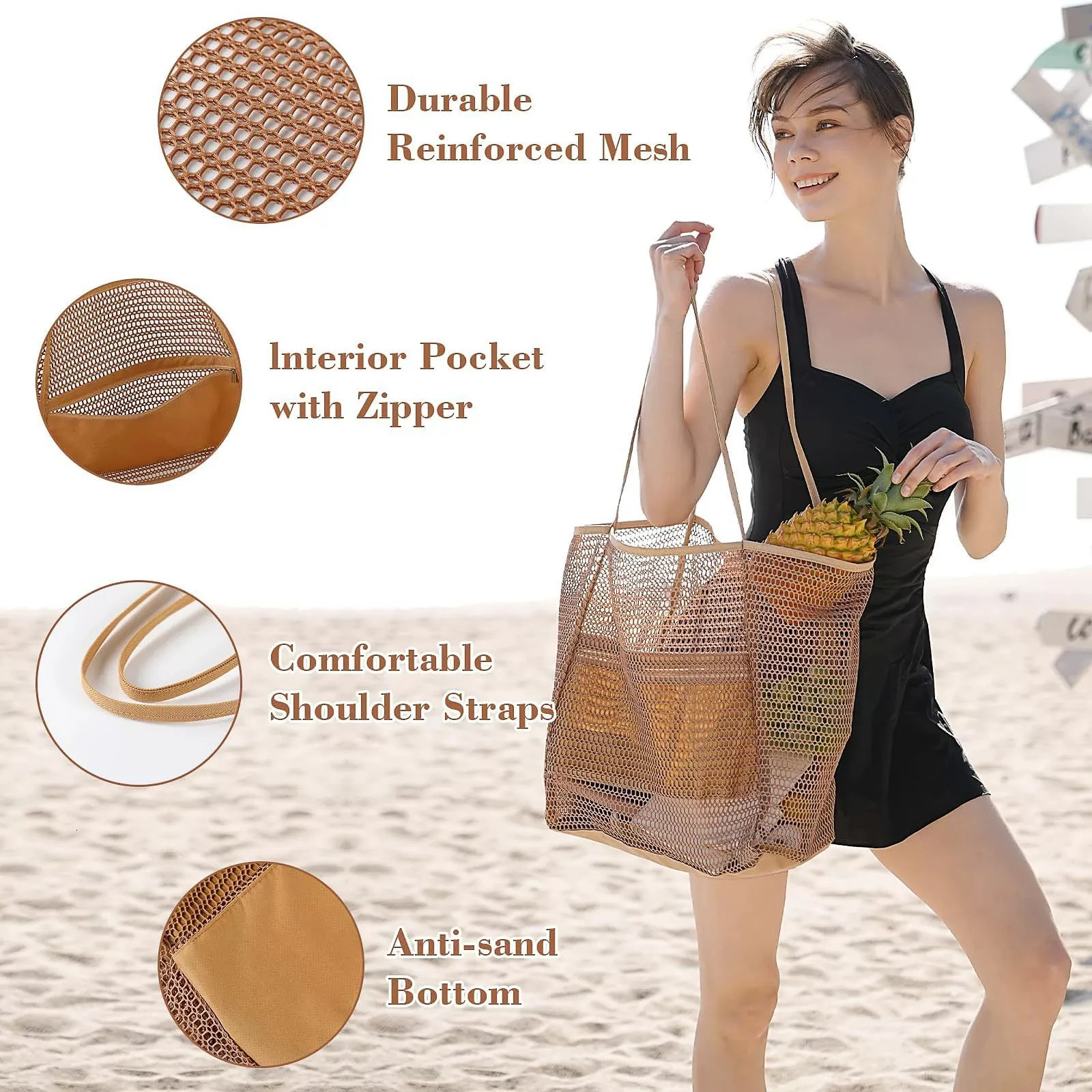Mesh beach bag womens shoulder tote bag large capacity foldable mesh swim bag with pocket-zmt 260303
