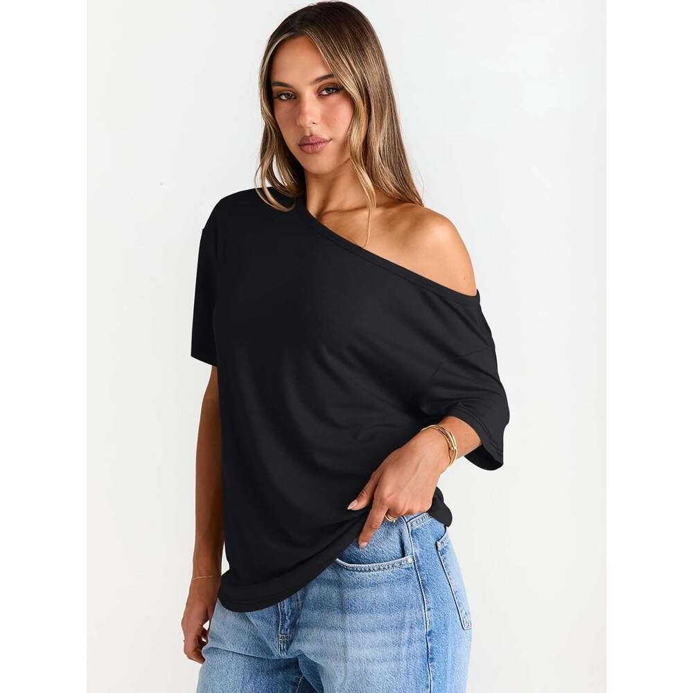 Womens Off The Shoulder Tops Oversized T-Shirts Short Sleeve Tees Summer 2026 Casual Designer Spring Clothes