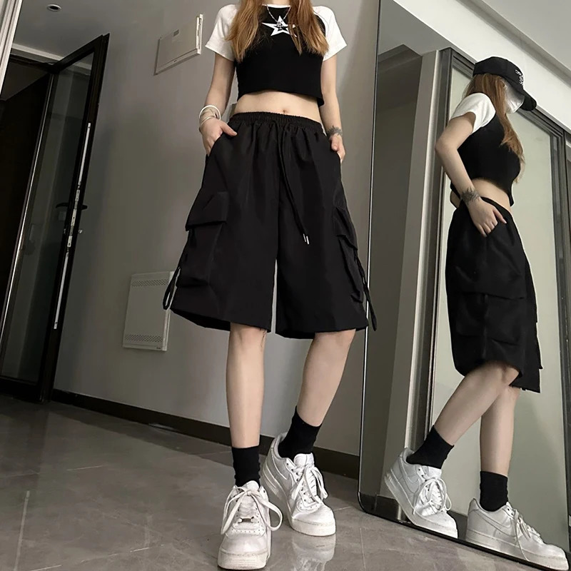 Gidyq Women High Waist Cargo Shorts American Style Streetwear Summer Wide Leg Pants Fashion Female Big Pocket Loose Shorts 260306