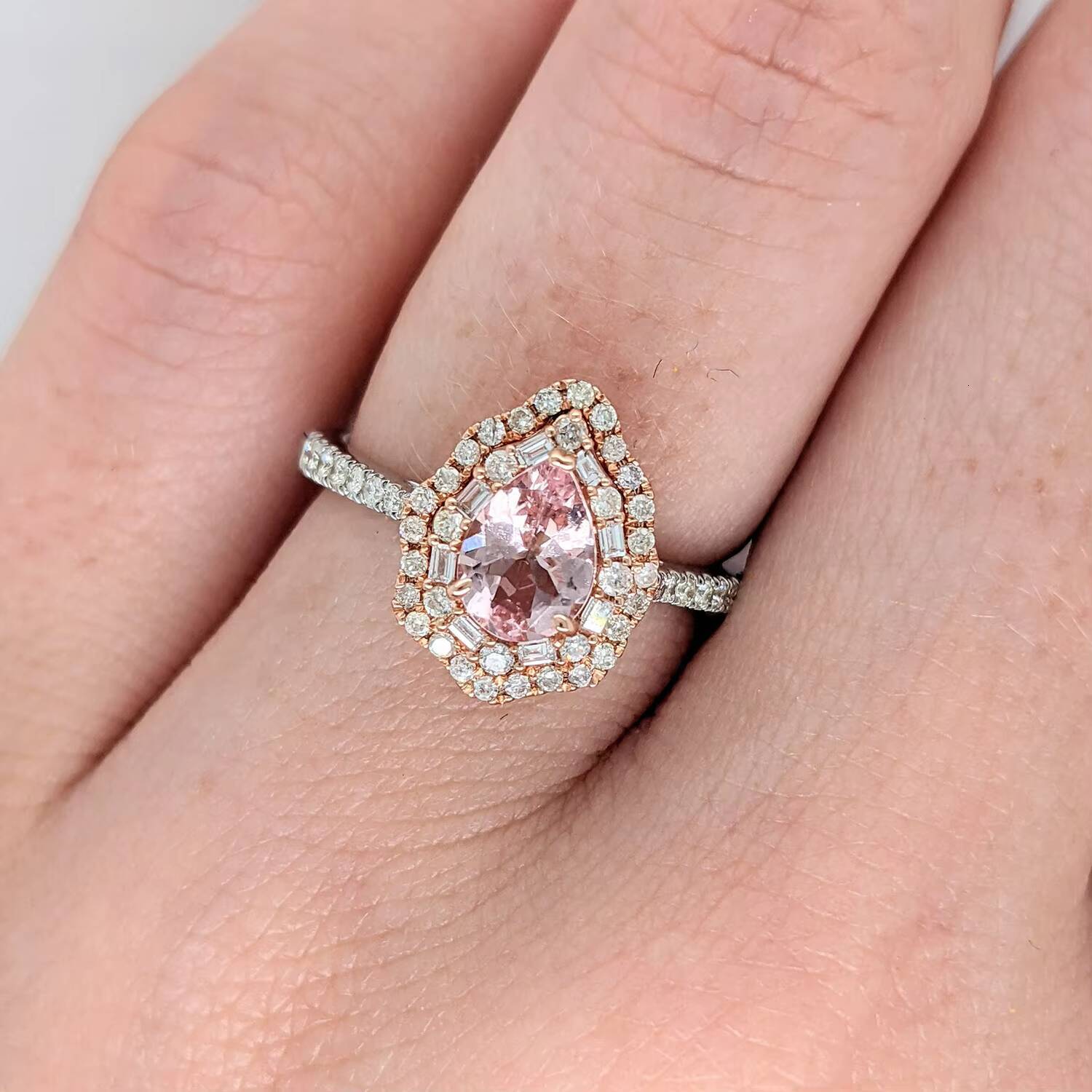 Pink Morganite 14K White Gold Classic Engagement Wedding Ring with Pear Cut 7x5mm Baguette and Round Diamonds