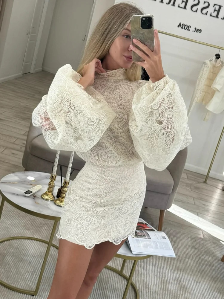 Women Solid Hollow Out Lace Mini Dress High Collar Flare Long Sleeves Short Vestidos Chic Lady Elegant Night Party Club Gowns 260302