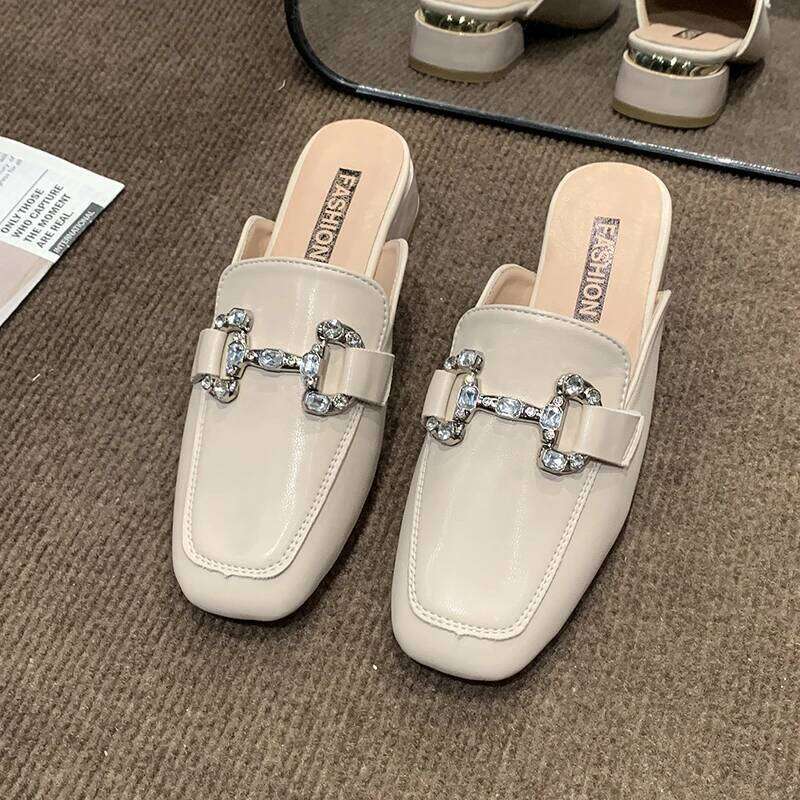Women Pumps Shallow 2025 Footwear Fashion Metal Buckle Strap Ladies Thick Heels Shoes Leather casual sandals