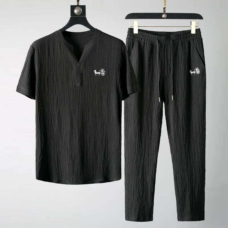 Summer New Casual Men's V-Ne Pleated Ort Sve Irt And Long Pants Thin Faionable Two-Piece Set Teenager