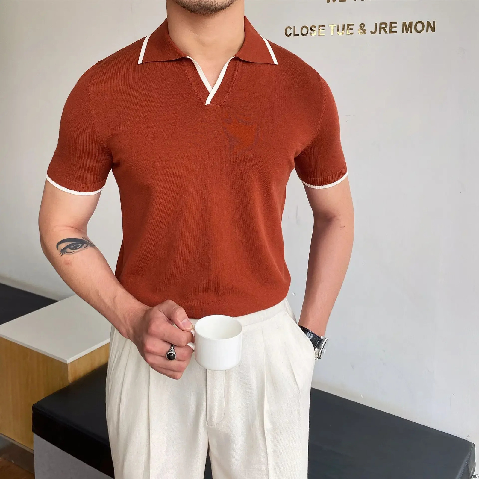 Mens Polo Shirt ElbowSleeved Tshirt Fashion Collar SlimFit Men Clothing Woolen Sports Tee Man Golf EUR 260302