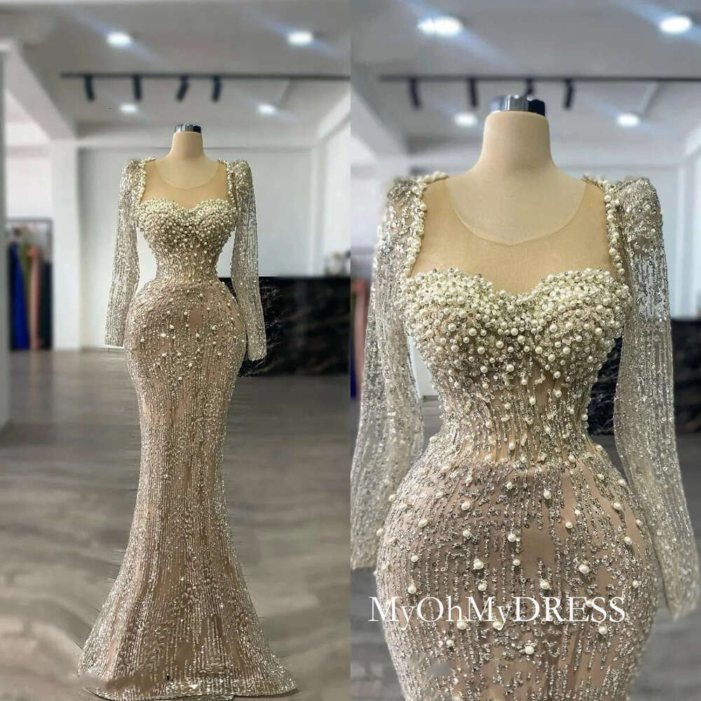 Luxury Evening Dresses For Women Sheer Neck Long Sleeves Gown Sequins Pearls Sweep Train Customized Dress Party D0306