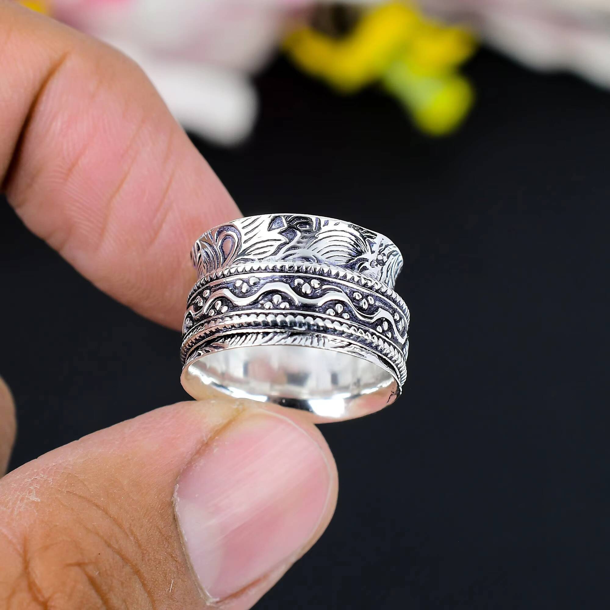 Handmade Solid German Silver Christian Boho Engagement Spinner Ring Zircon Resizable for Wedding Party Unisex Meditation Band