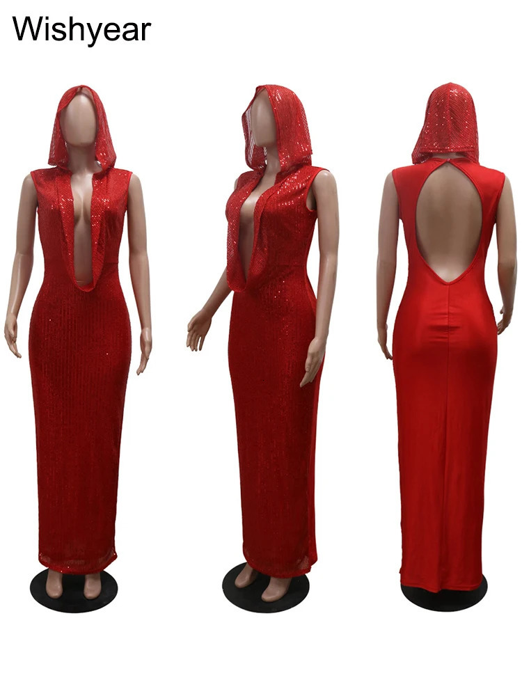y Birthday Red Hooded Dress for Women Sexy Deep V Neck Sequins Glitter Mesh See Through Back Open Sparkly Evening Robe 260302