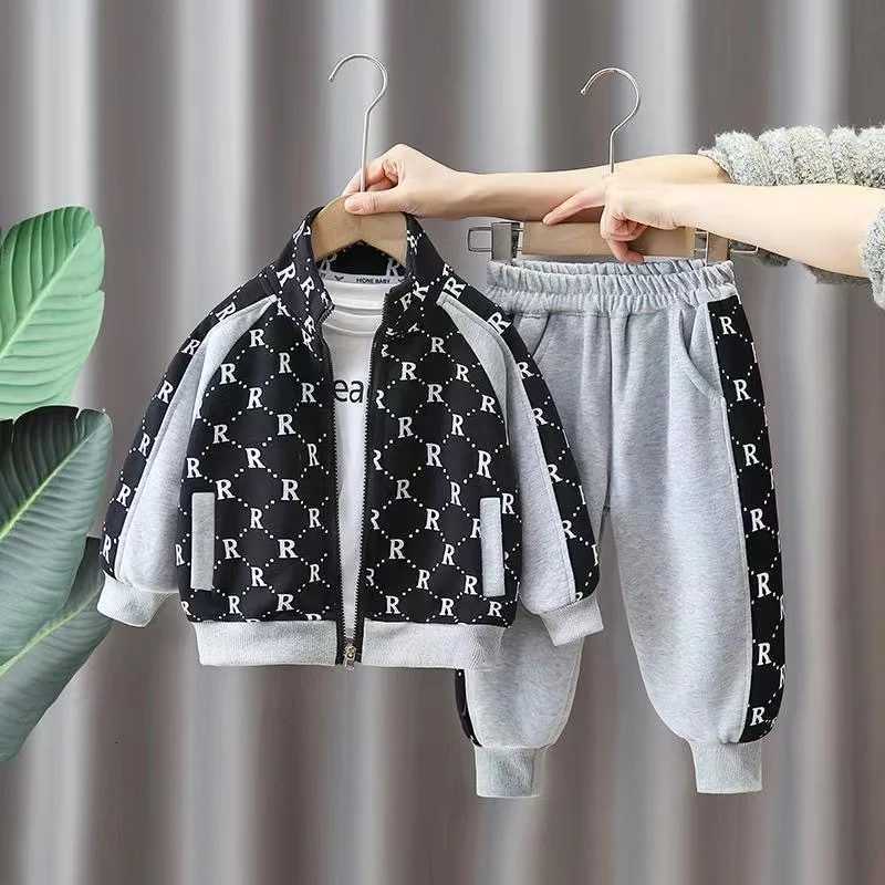 Kids Tracksuits 2Pcs, 2-10Y Boys R Letter Splicing Cotton Jacket & Pants Set, Spring Autumn Korean Fashion Sport Leisure OutfitsT260306