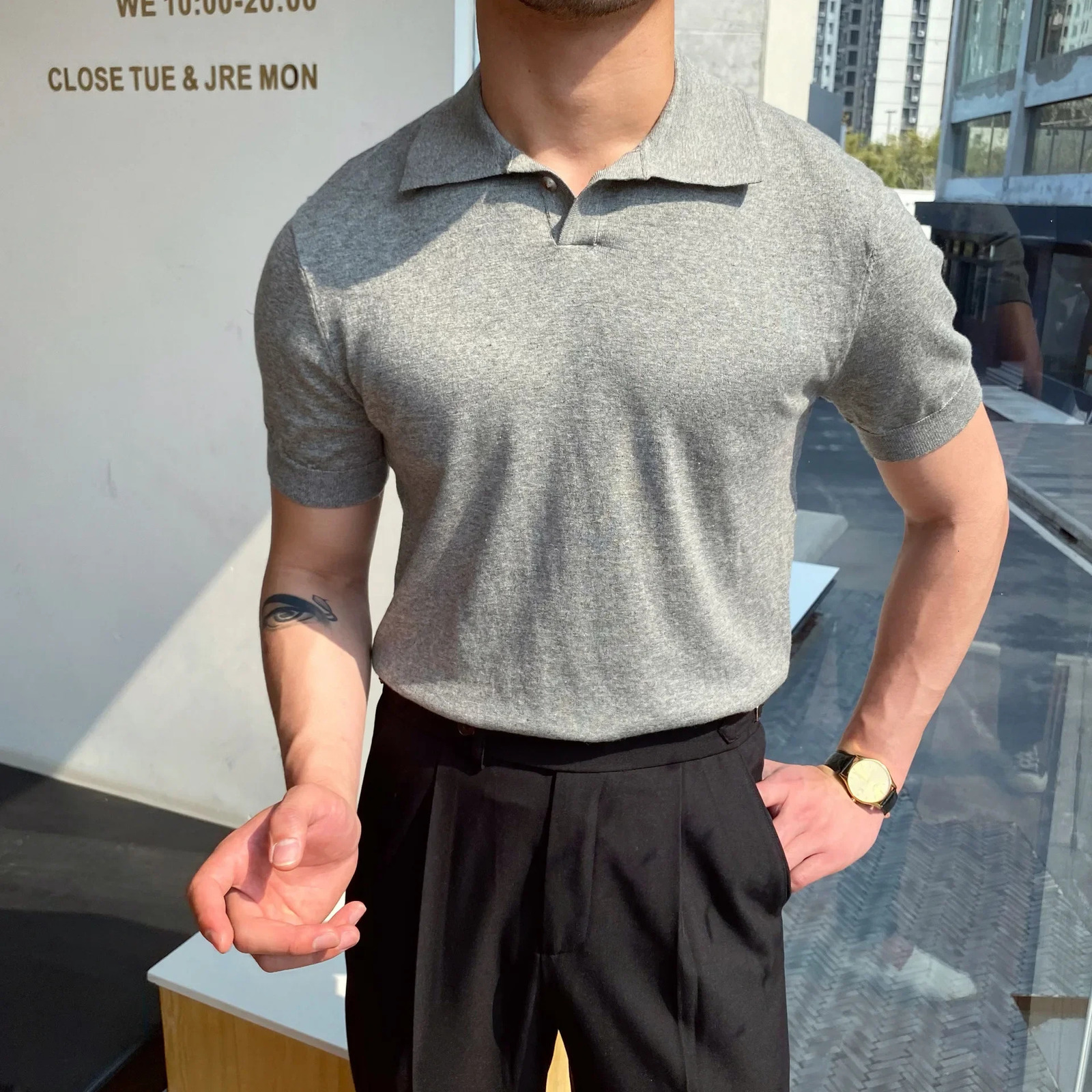 Mens Polo Shirt ElbowSleeved Tshirt Fashion Collar SlimFit Men Clothing Woolen Sports Tee Man Golf EUR 260302