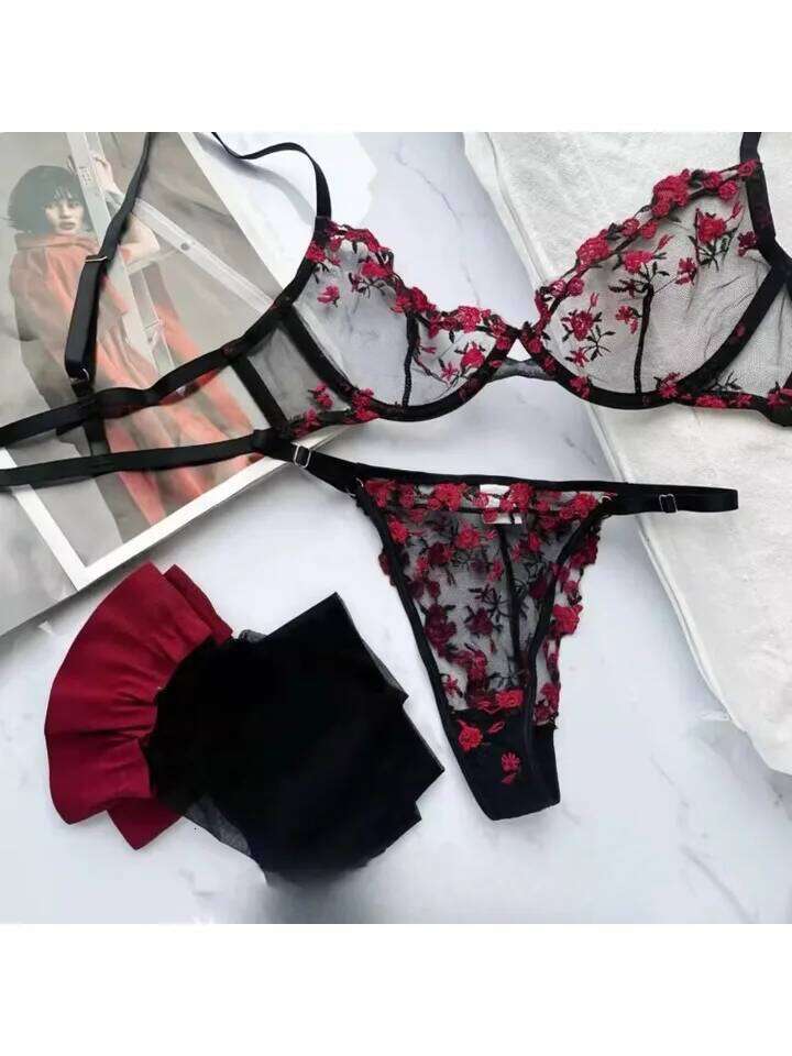 YUQI French Elegant Lingerie Set-Floral Embroidery Semi-Transparent Bra & Brief,Black Sensual Women's Underwear Luxury Intimates