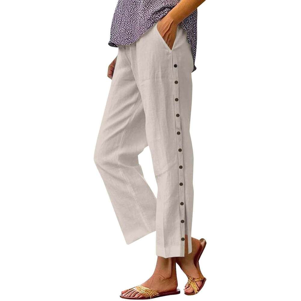Linen for Women 2025 Spring Summer Lightweight Long Pants Vacation Beach Trousers Designer Side-Buttoned Closure Joggers