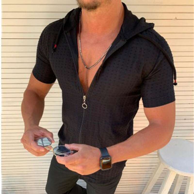 2025 New Model for Foreign Trade: Amazon European and American Fashion Men's Short-Sleeve Hooded Zipper T-Shirt