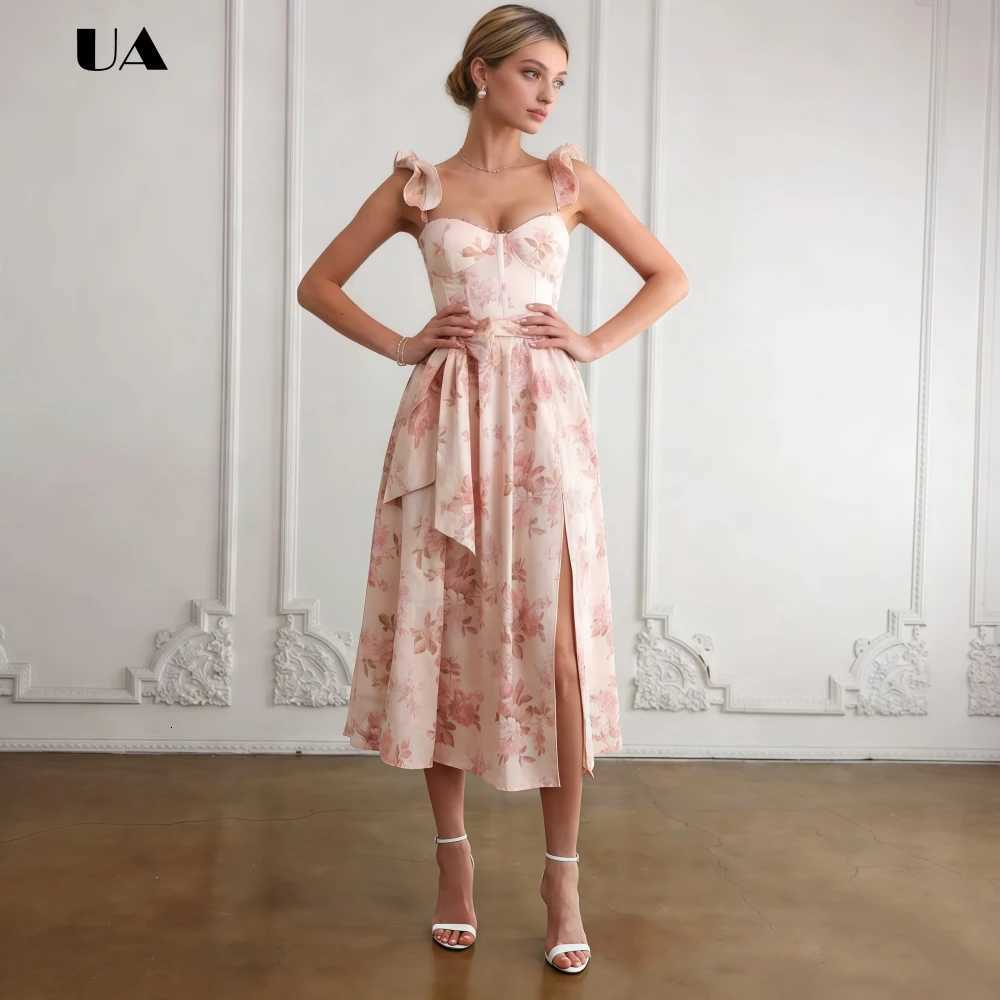 Elegant Flower Printed Sweetheart Neck Prom Dress with Ruffled Flying Sleeve Classic Empire Midi Party Dress French Slit Dress X260306