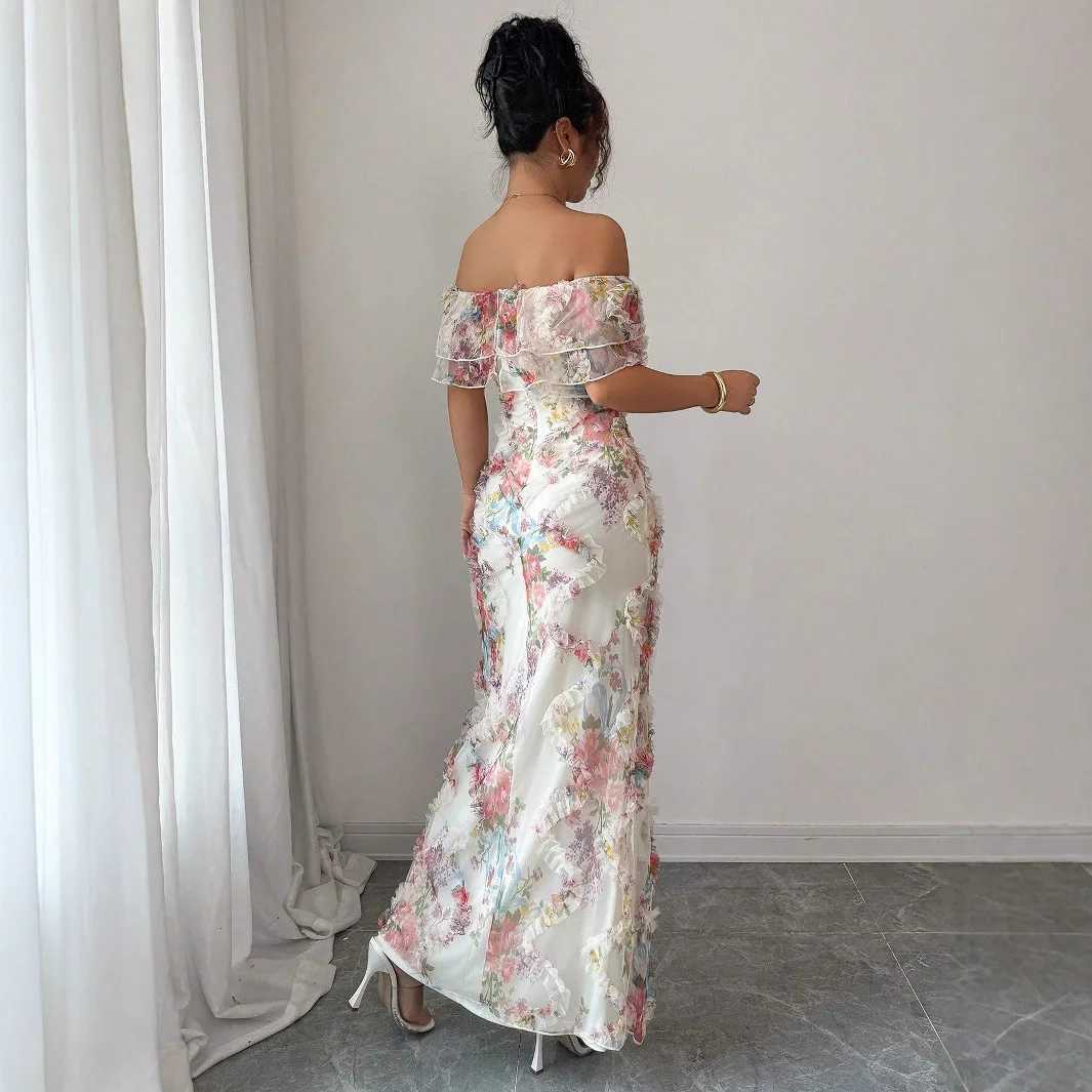 Elegant and romantic ruffled off-the-shoulder waist-cinching tight mesh floral dress for women X260306