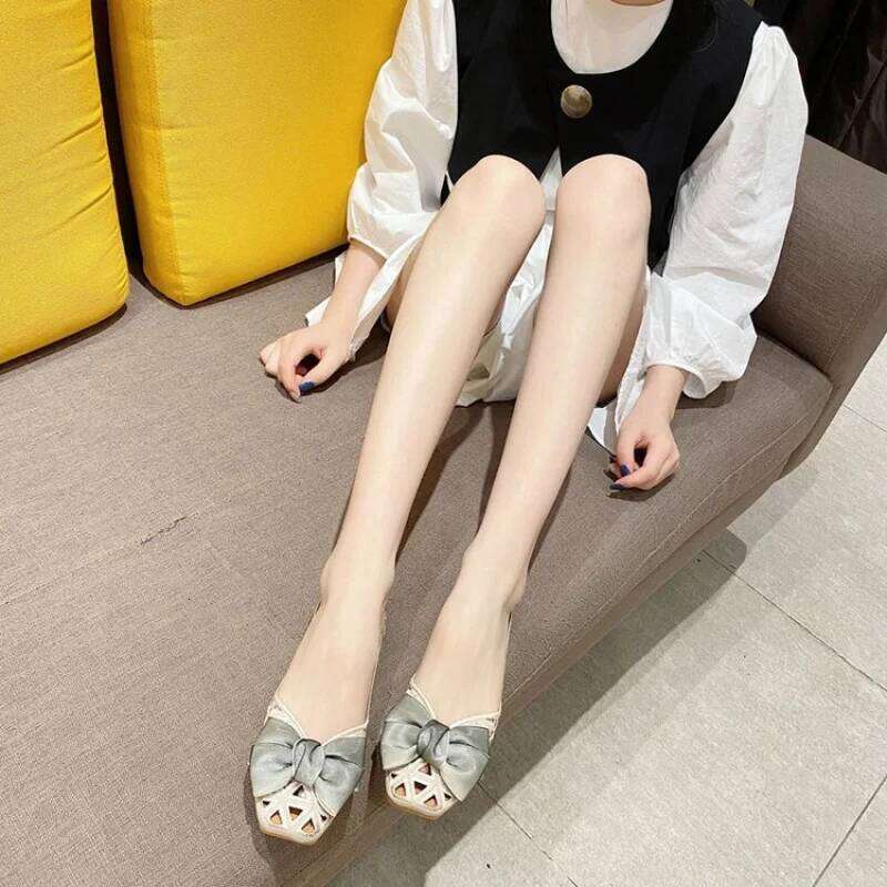 Women Summer Sandals Hollow Out Breathable Square Toe Slip-On Low Heel Bowknot Flat Soft Sole Fashion Ladies Beach Shoes