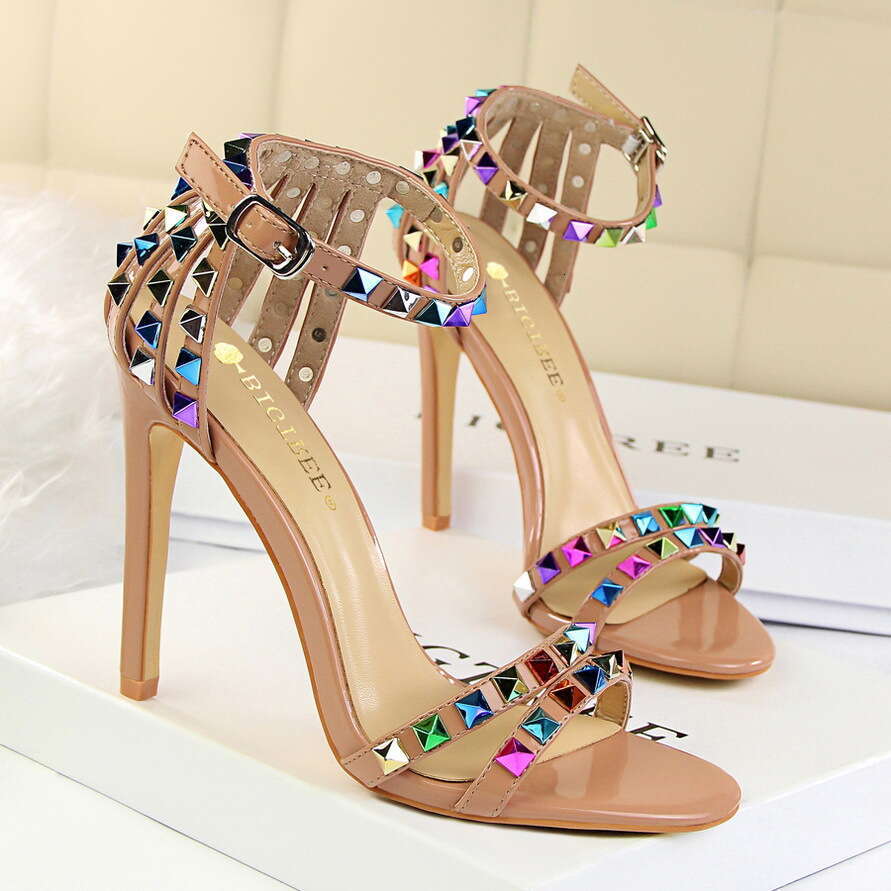 European And American Roman Style Women S Shoes Thin Super High Heel Open Toe One Strap Hollow Colorful Rivet Sandals