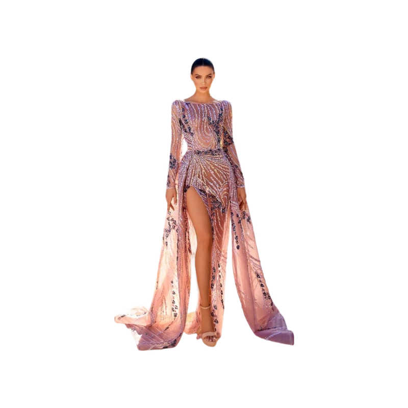 Glitter Sequins Long Sleeve Evening Dresses Customized Sexy Sequined Side Slit Prom Dress Floor Length Party Gown