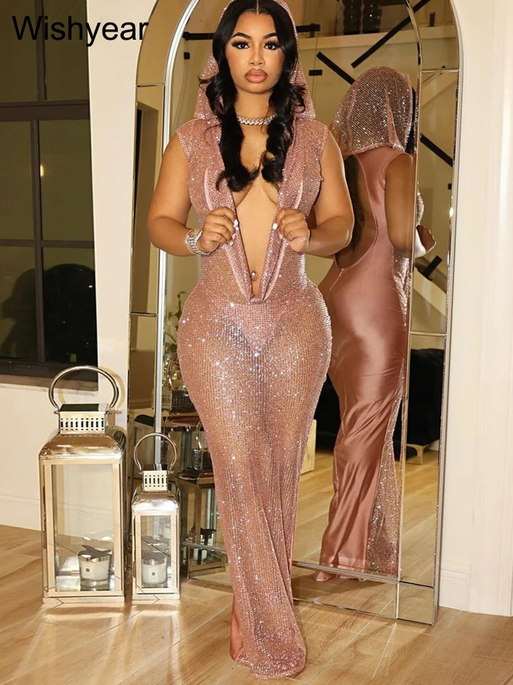 y Birthday Red Hooded Dress for Women Sexy Deep V Neck Sequins Glitter Mesh See Through Back Open Sparkly Evening Robe 260302