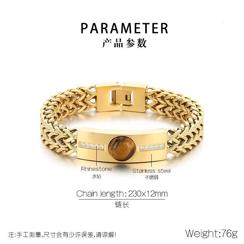 Fashion Tiger Eye Stone Rhinestones Inlaid Bracelets Mens Stainless Steel Double Layer Herringbone Links Cuban Chain Bracelet