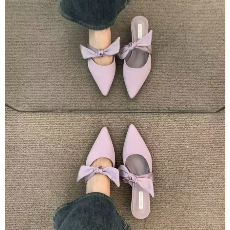 Satin Bowknot Pointed Toe Half Slippers Women Summer French Elegan Mules Slip on Low Heel Closed Toe Slippers Zapatos De Mujer 260303