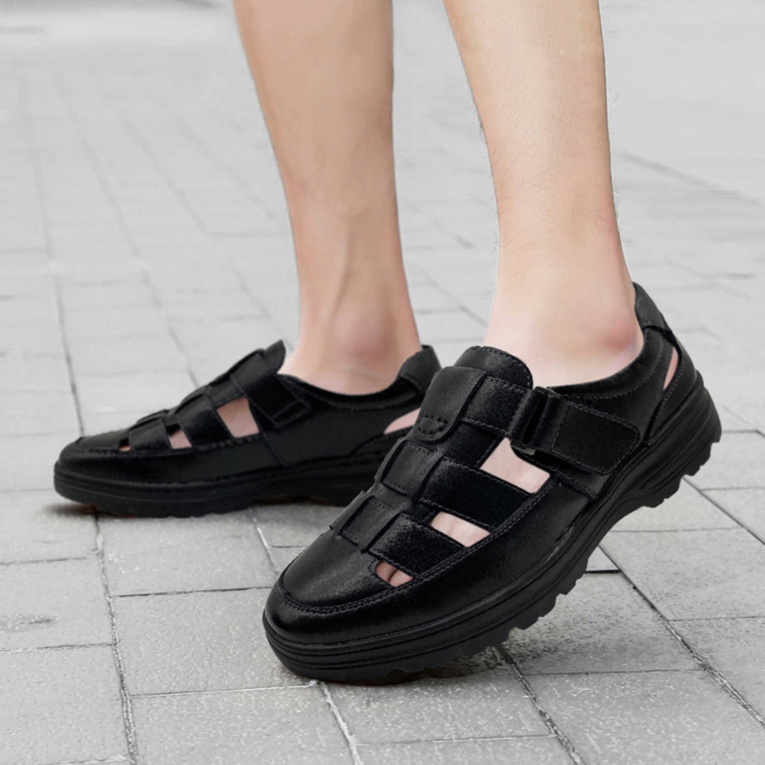 Men's Non-Slip Leather Sandals Closed Toe Breathable Summer Casual Walking Shoes Casual Closed Toe Leather Sandals Outdoor Fisherman Adjustable