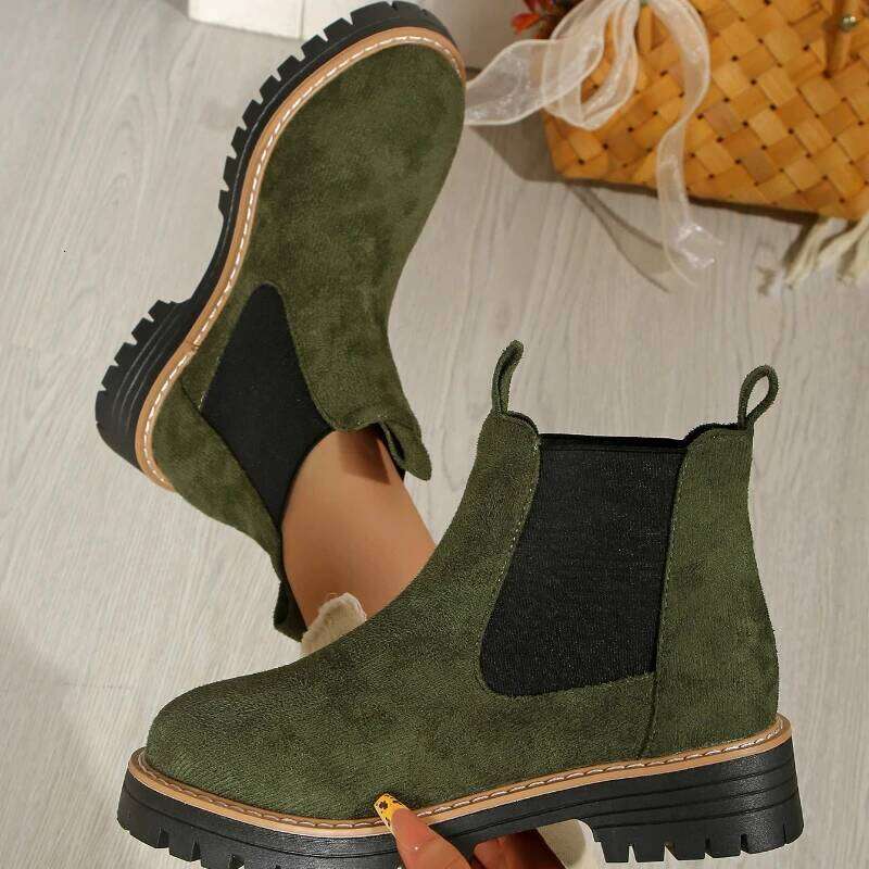 2025 Winter New Suede Round Head Women's Short Thick Bottom Casual Square Heel Fashion Boots