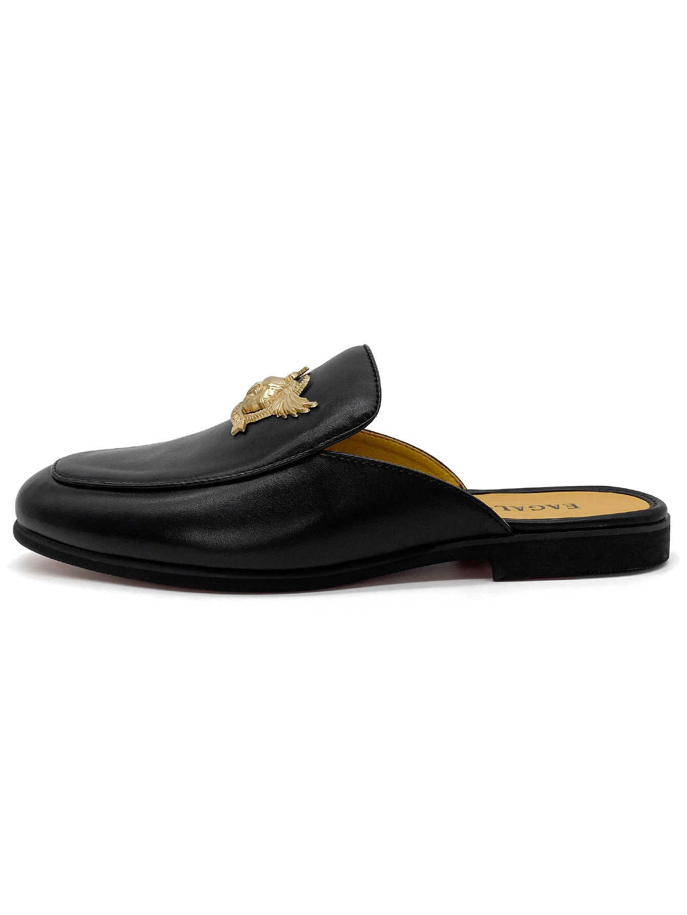 Men's Black Leather Mules Slippers with Golden Eagle Metal Emblem Backless Loafers Red Bottom Slip-on Casual Dress Shoes
