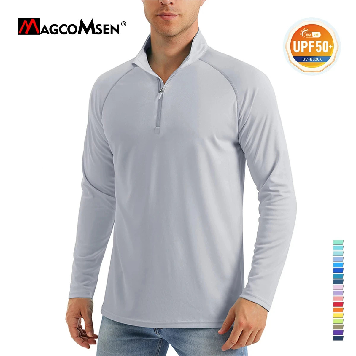 MAGCOMSEN UPF50 Mens Tshirt UV Sun Protection Long Sleeve Hiking Fishing Shirt Quick Dry 14 Zip Summer Workout Pullover Tops 260302