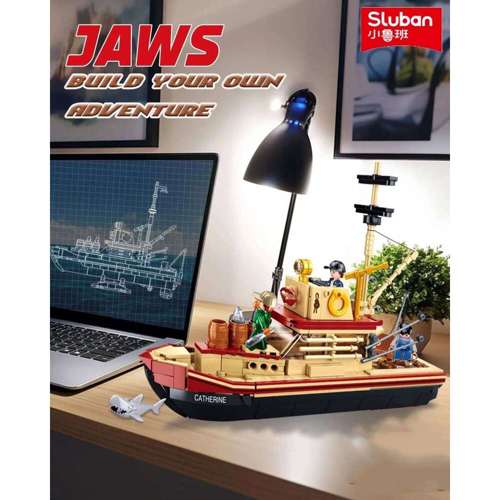 592PCS Shark Fishing Ship Building Blocks Great White Model with Mini Figures Creative DIY Toy Birthday Gift for Kids Adults Z260306