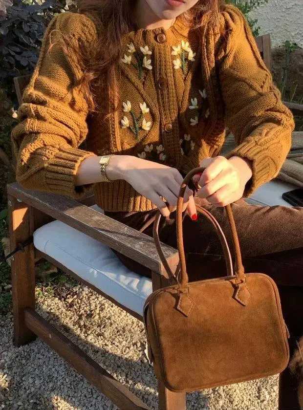 Retro Embroidery Knitted Cardigan Women Korean Chic Round Neck Short Twist Sweater Coat Autumn Winter Sweet Y2k Tops M260306