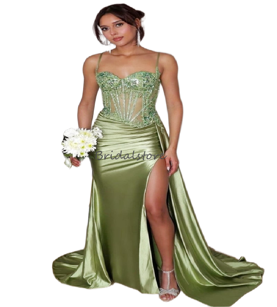 Ethereal Green Satin Prom Dresses With High Slit Plus Size Spaghetti Straps Lace Evening Gowns 2026 Outdoor Garden Formal Party Vestio De Gala Elegant